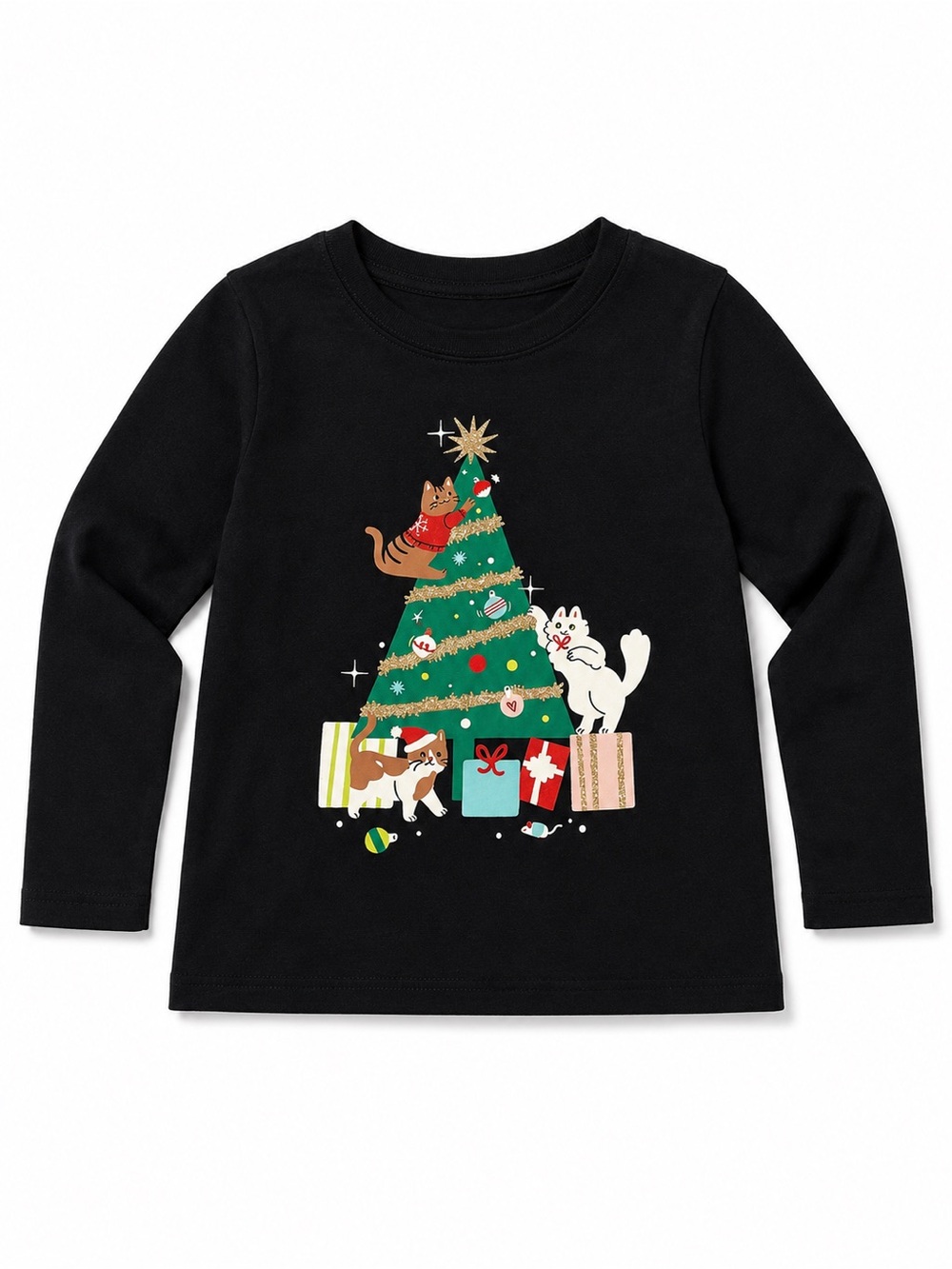 Kids Black Christmas tree and cats Graphic Long-Sleeve Tee, size 8